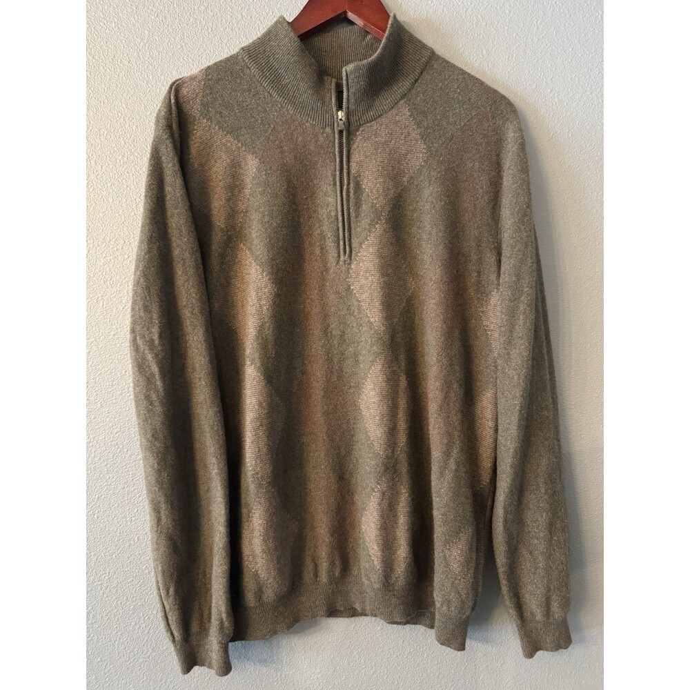 John W Nordstrom 100% Cashmere Quarter Zip Sweater Mens XL Argyle Brown Pullover
